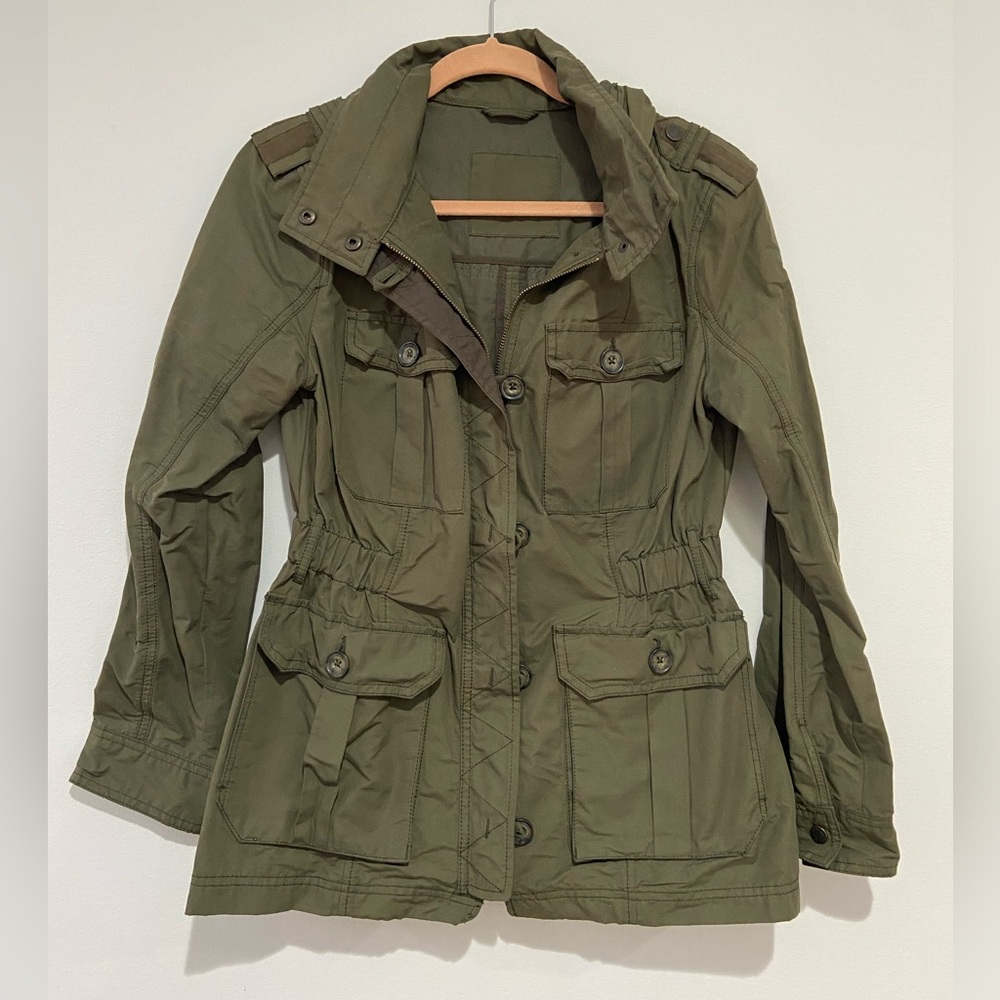 Abercrombie & Fitch Womens Utility Jacket Elastic Waist Zip Up Hidden Hood Sz L